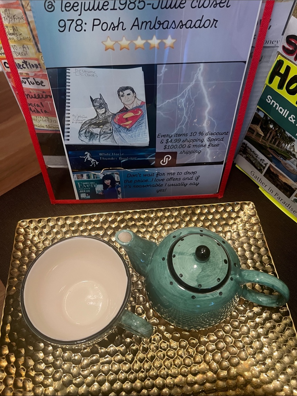 #2508**Vintage Green Ceramic Teapot and Cup Set - Picture 2 of 15